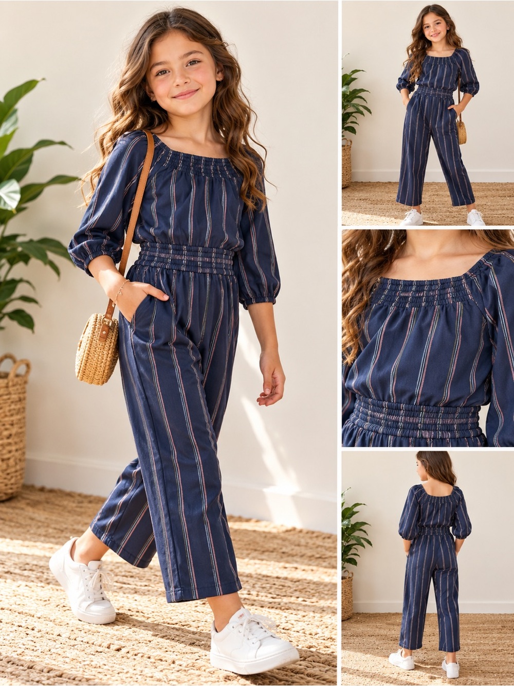 Abercrombie Kids Girls 7/8 Navy Striped Long Sleeve Jumpsuit